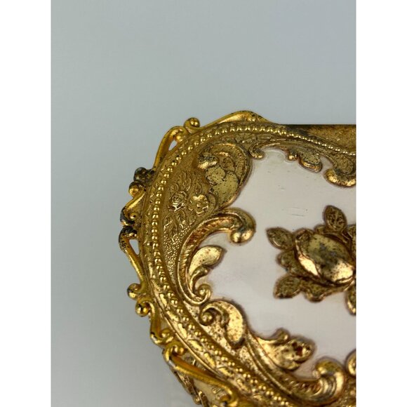 Gold & White Heart Metal Trinket Box Hinged Made in Japan Rose Floral VTG READ - Picture 4 of 16